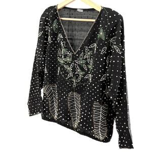 Vintage 80s Black 100% Pure Silk Beaded Floral Faux Pearl Blouse